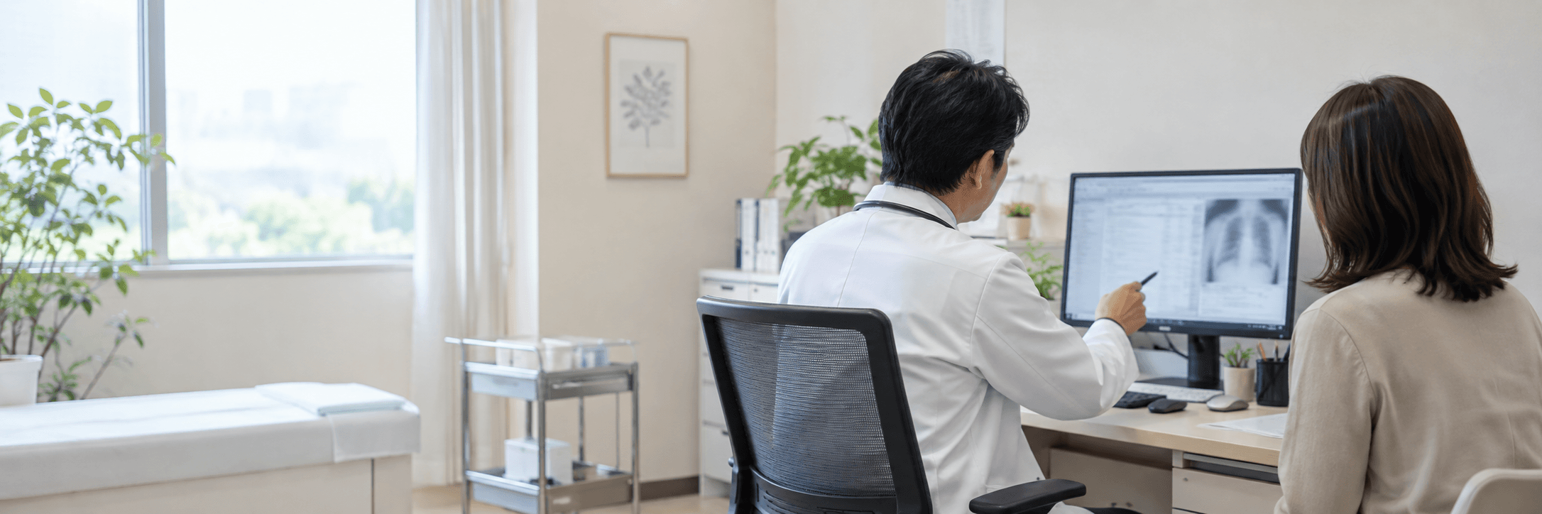 診療記録を確認しながら患者と向き合うクリニックの診察室
