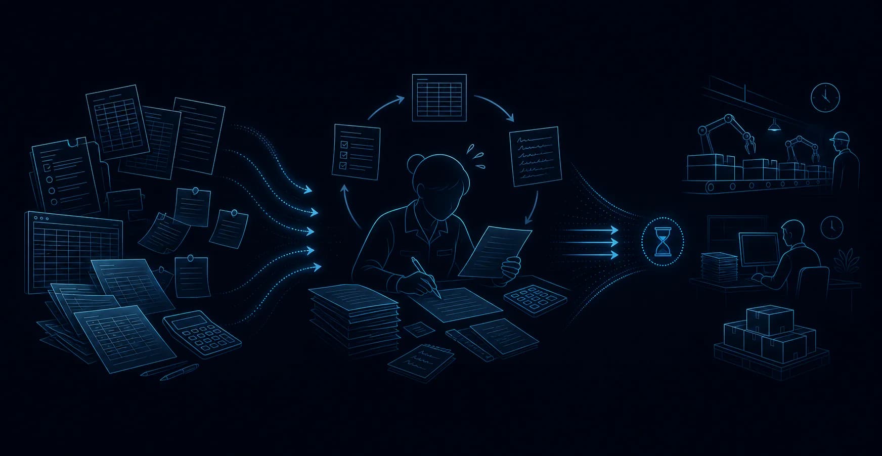 紙やExcelへの転記が製造業の業務を圧迫する様子